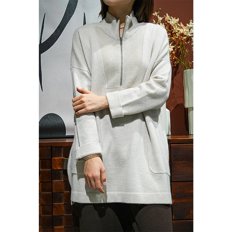 Naninuo/纳尼诺 山羊绒半开拉链针织衫 时尚宽松中长款NRCX23119