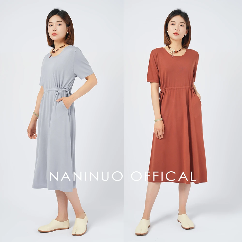 Naninuo/纳尼诺 丝羊绒圆领抽绳连衣裙 显瘦宽松两穿NGQZ24058
