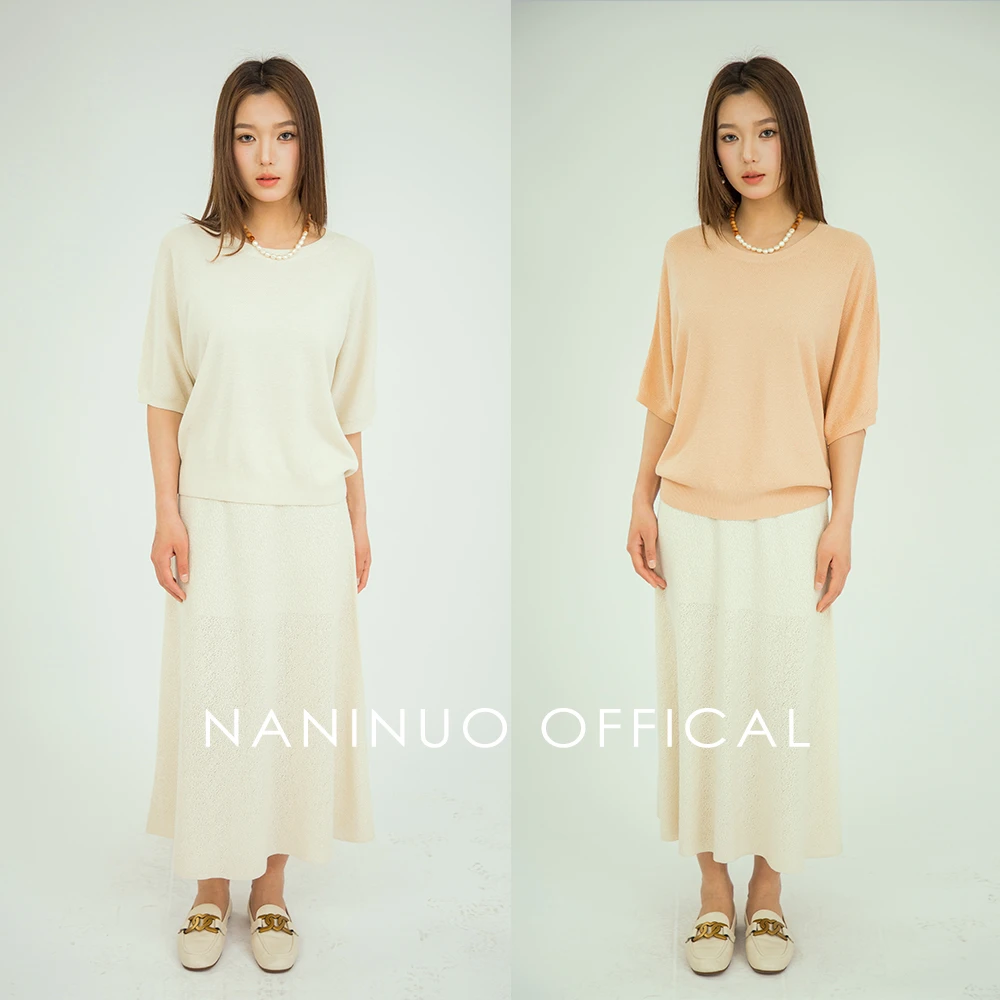 Naninuo/纳尼诺 精纺丝绒三色蝙蝠衫 百搭夏季纯色圆领NGDX23035