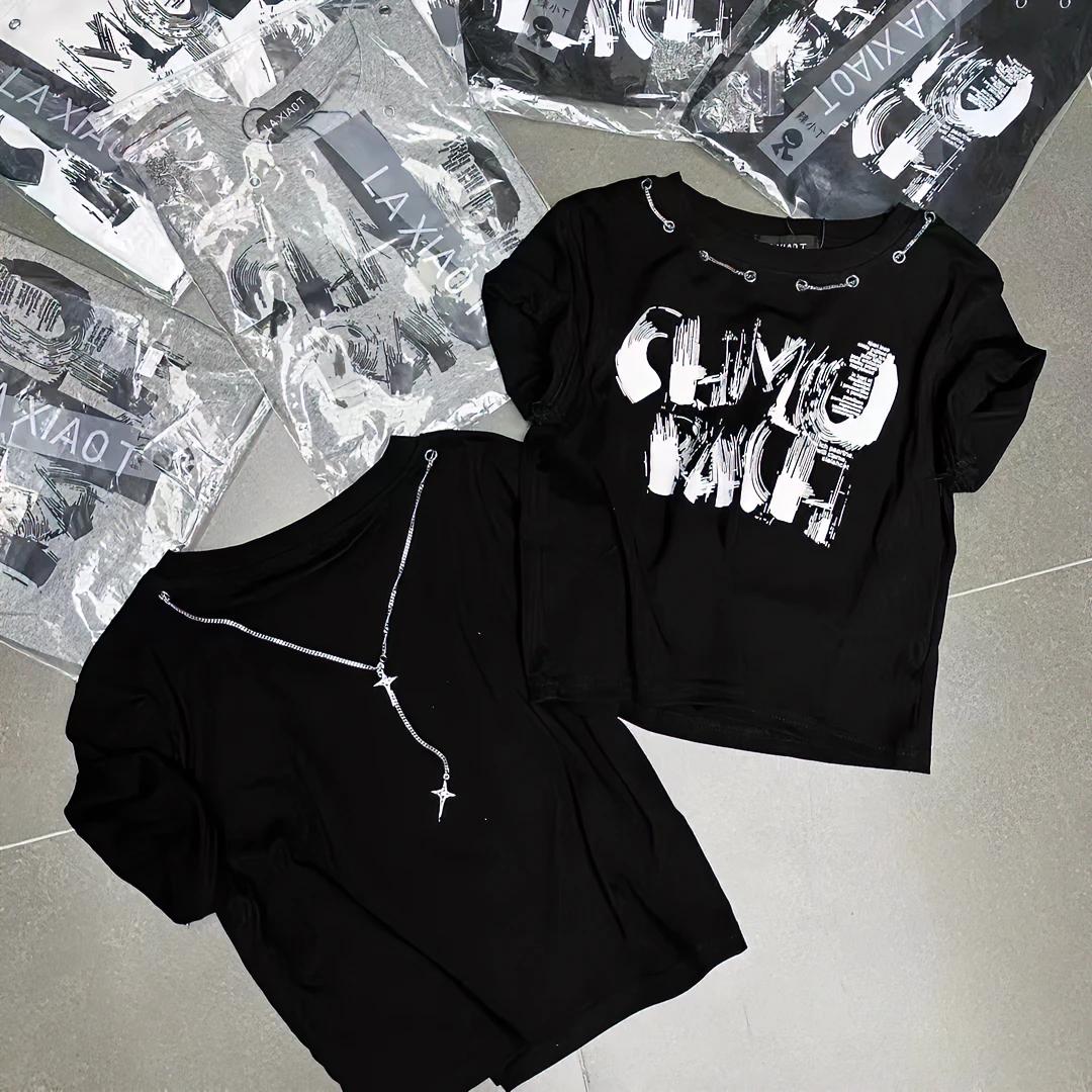 女装运动时尚休闲夏季黑色潮流网红显瘦百搭女士情侣宽松印花圆领