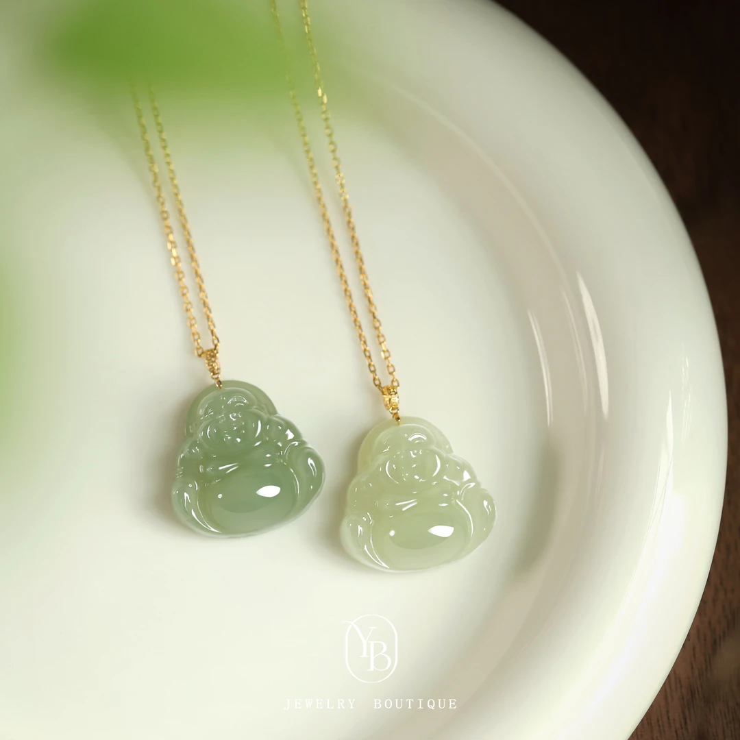 18K金镶嵌23MM和田玉佛公吊坠时尚S925银项链女款气质绿色新中式