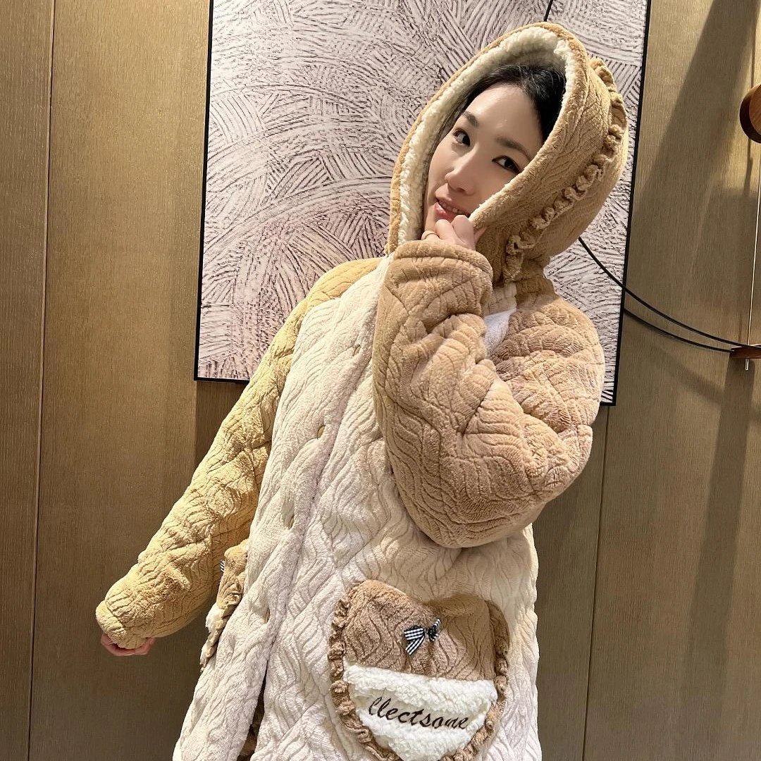 九尾绒喷花拼接冬季家居服冬天家居服套装长款加绒毛绒加厚保暖