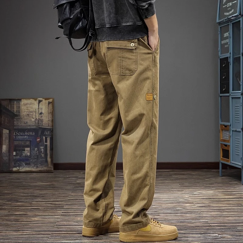 Salodac秋冬加绒复古工装休闲裤男重磅纯棉宽松直筒裤简约阔腿裤