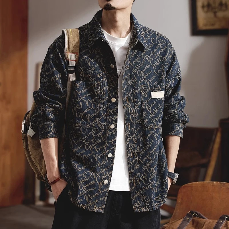 Salodac美式长袖衬衫男士新款春夏季户外提花字母小众设计感外套