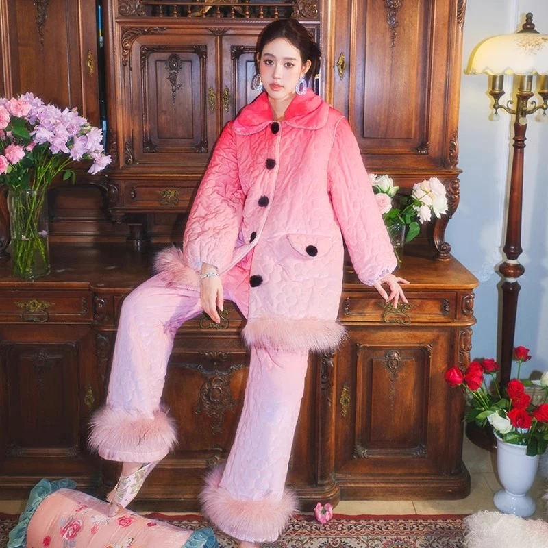 原创仿狐狸毛渐变夹棉家居服水钻装饰三层加厚加棉加绒睡衣灯笼袖