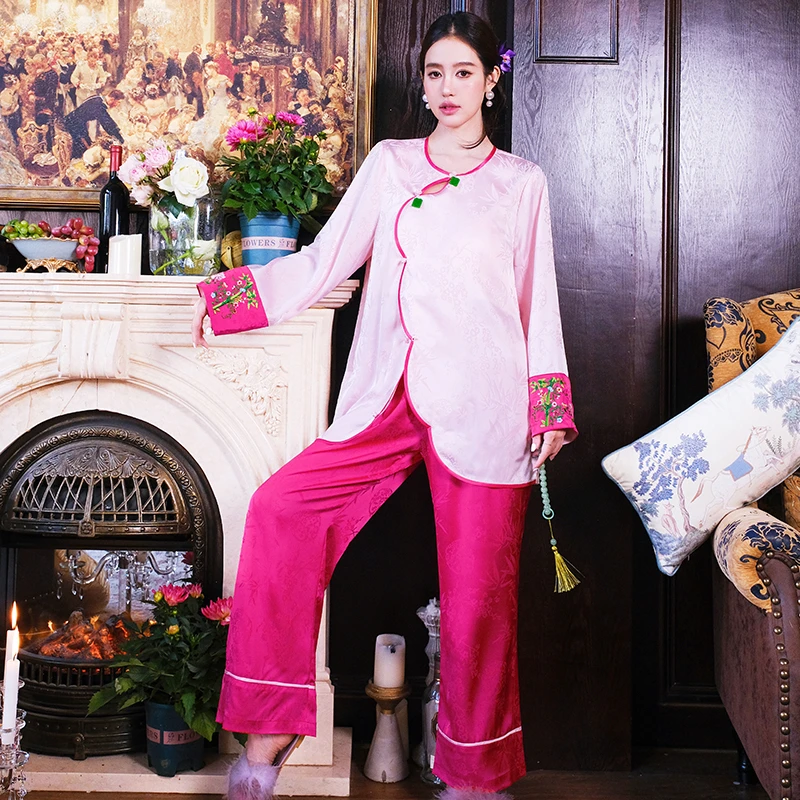 原创新中式遇囍国风胸垫睡衣两件套仿真丝冰丝家居服缎面提花套装