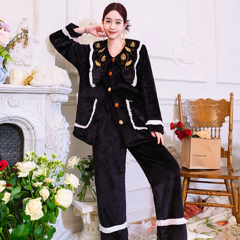 原创金线刺绣翻领流苏撞色法兰绒睡衣女秋新两件套装可外穿家居服