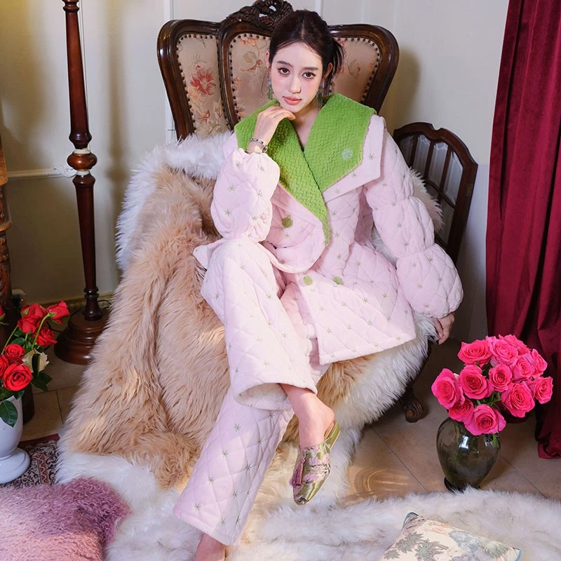 婷姐专属满绣三层加厚夹棉睡衣两件套可外穿家居服灯笼袖家居服冬