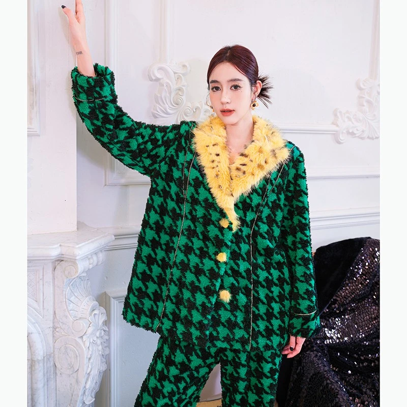 原创高级感法兰绒家居服套装豹纹拼接保暖两件套睡衣春秋女款冬新