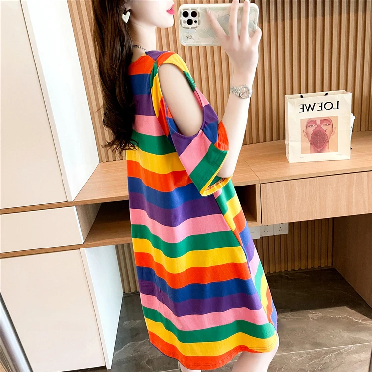 纯棉条纹露肩长款t恤女遮臀宽松大码胖mm显瘦洋气慵懒风上衣t恤裙