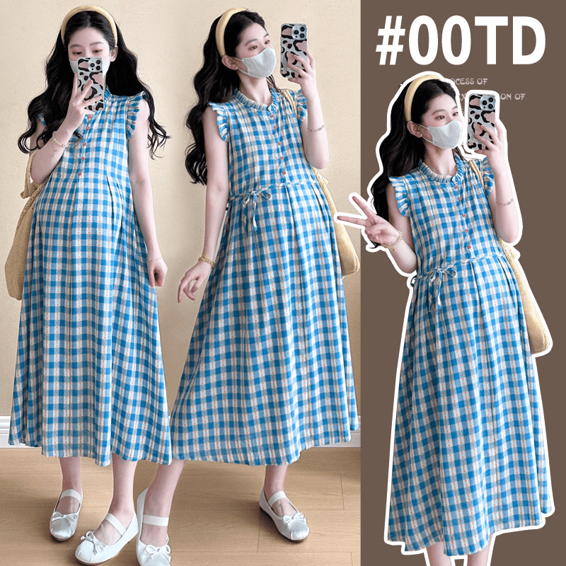 【LoLo】夏季孕妇装显瘦气质遮肚宽松显瘦格子连衣裙刺绣棉中长款