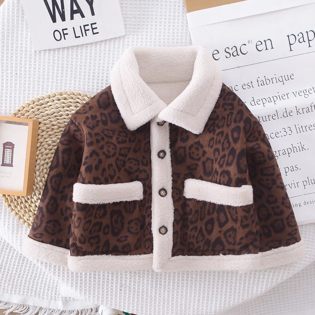 儿童新款 豹纹外套2025冬季男女童时尚洋气加绒加厚长袖小童上衣