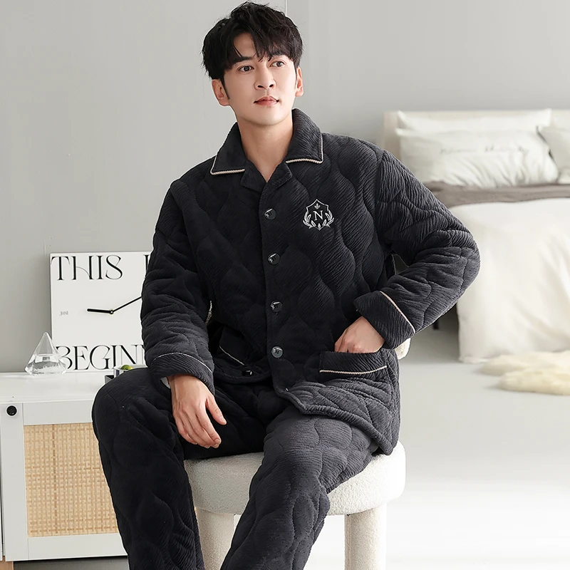 睡衣男士冬季冬天牛奶绒三层加厚法兰绒夹棉袄中年爸爸家居服套装