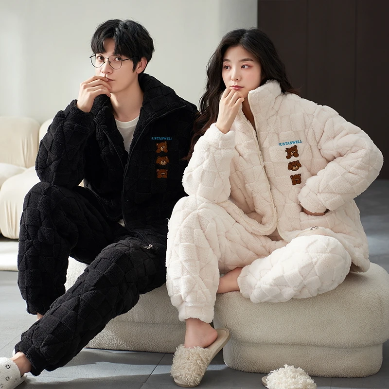 珊瑚绒情侣睡衣秋冬季三层夹棉加厚卡通拉链加绒保暖法兰绒家居服