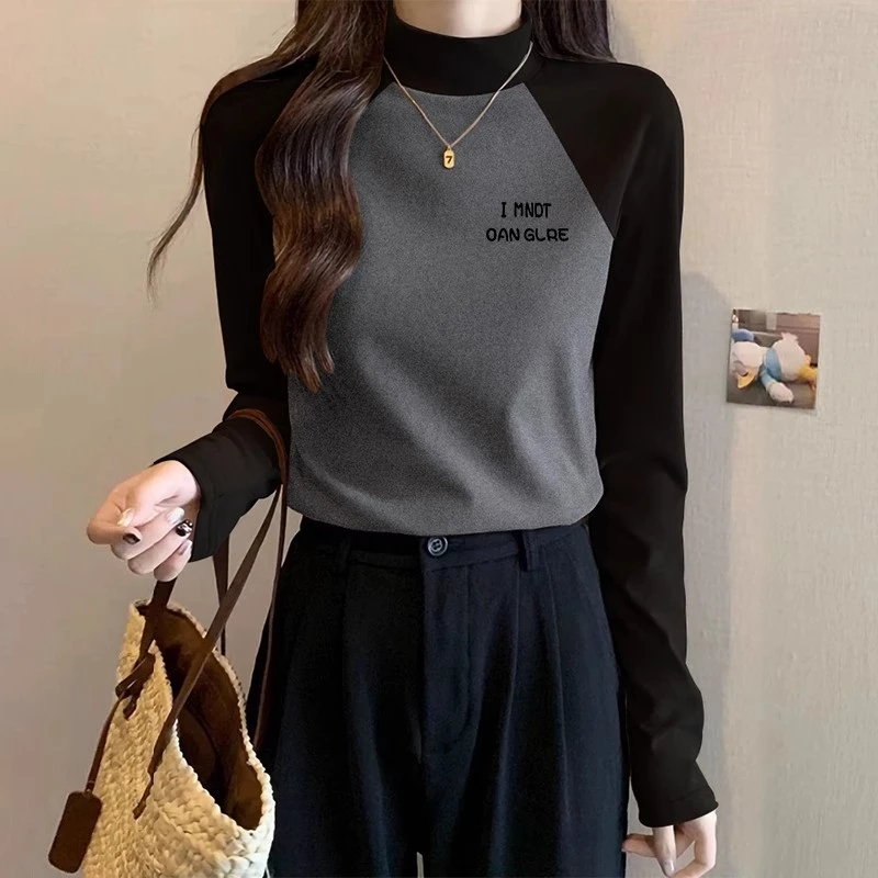 正肩撞色德绒半高领内搭2025新款显瘦春季插肩长袖时尚打底ins