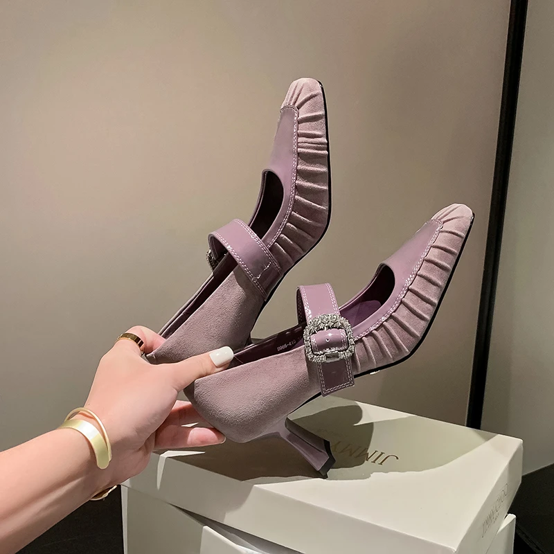 亚奇纳优雅气质里外全皮褶皱方头粗跟浅口单鞋