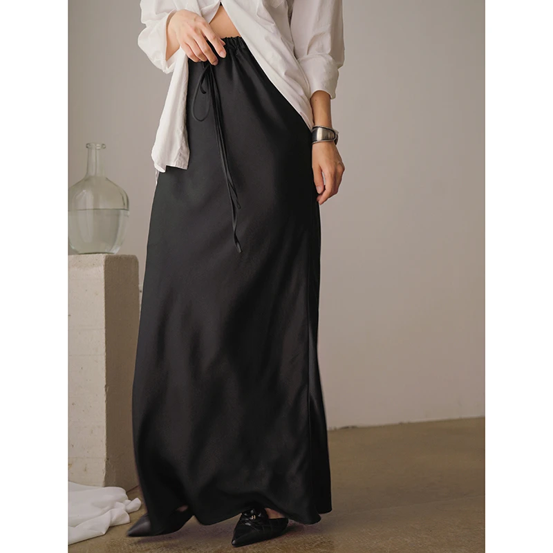 黑色醋酸半身裙女2024夏季新款高腰百搭显瘦半身长裙百搭一步裙子