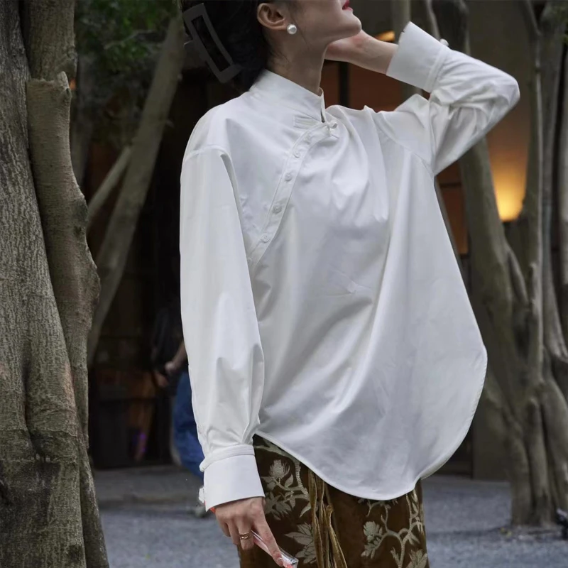 醋酸索罗娜棉混纺高领打底衬衫女新中式衬衫长袖复古衬衣