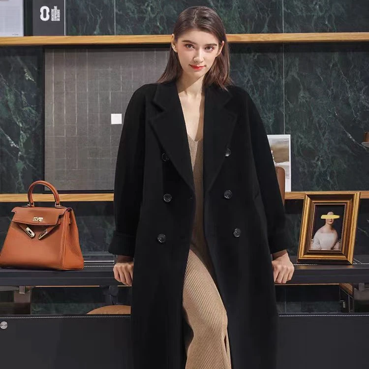 2024新款大衣女中长款高端呢子黑色赫本外套时尚经典