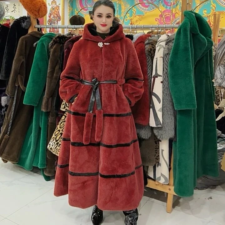 主播推荐冬季百搭气质长款连帽设计师毛毛女款外套