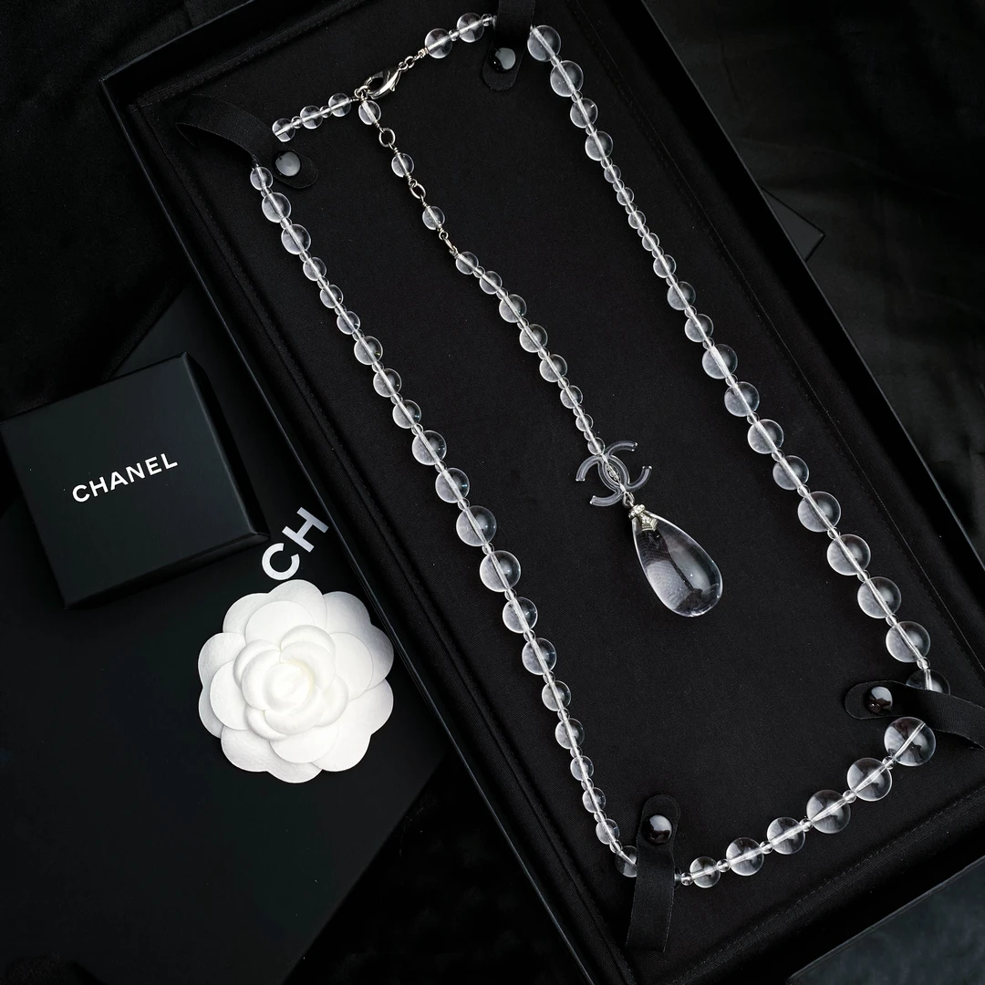 全新未使用 Chanel/香奈儿 经典双C 透明水滴镶钻长款项链S3032