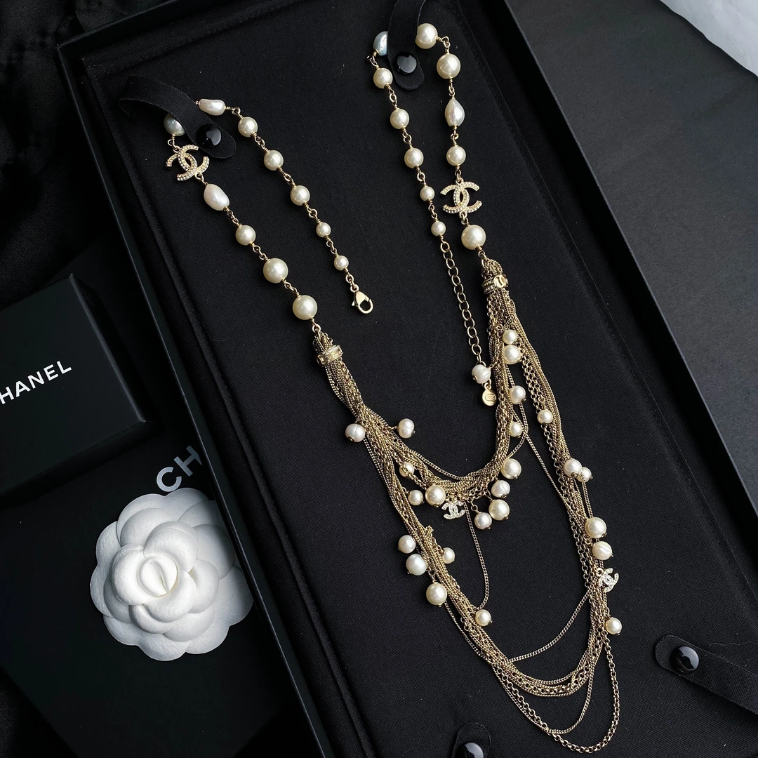 全新未使用 Chanel/香奈儿 经典双C 珍珠链条流苏长款项链 S3393