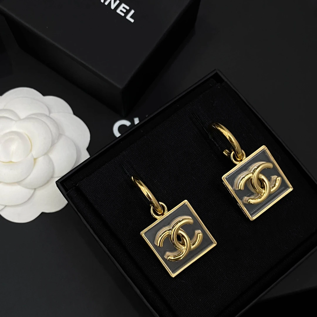 99新 Chanel/香奈儿 FL闲置23S新款 双C透明金边方块 耳环S6285