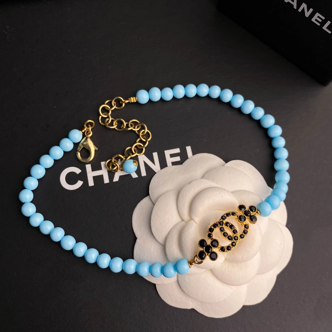 全新未使用 Chanel/香奈儿 经典双C 蓝色珍珠黑钻项链 S3794