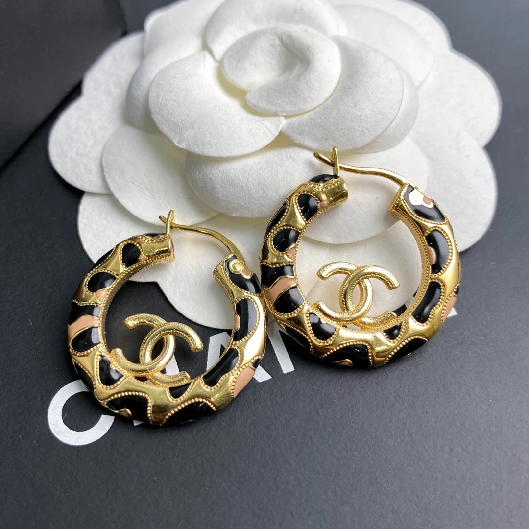 全新未使用 Chanel/香奈儿 22P 经典双C 金属豹纹珐琅 耳环 S4287