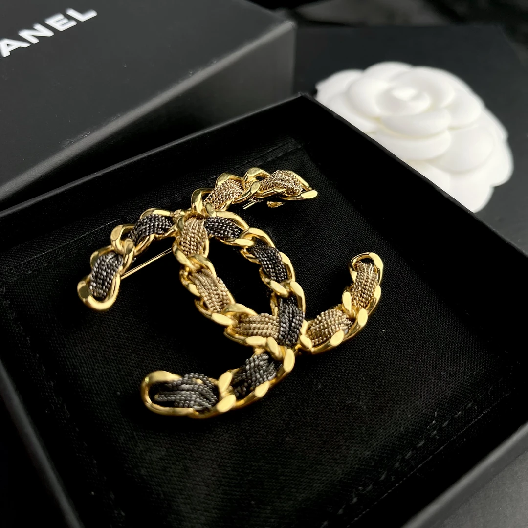 全新未使用 Chanel/香奈儿 FL经典双C 黑金流苏链条 胸针 S3819