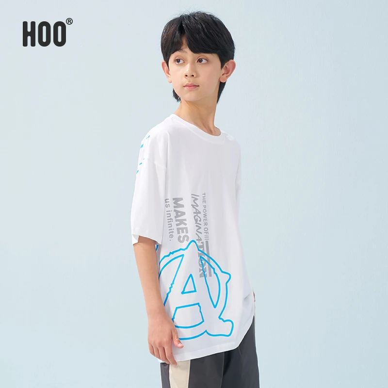 HOO夏季男童休闲宽松潮流半袖中大童时尚百搭圆领撞色短袖潮4749A