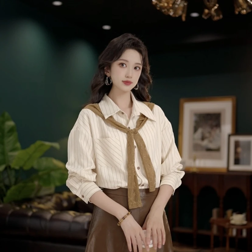 琦琦【蘸点奶油】带假披肩港风复古衬衫宽松显瘦上衣 YS0824411