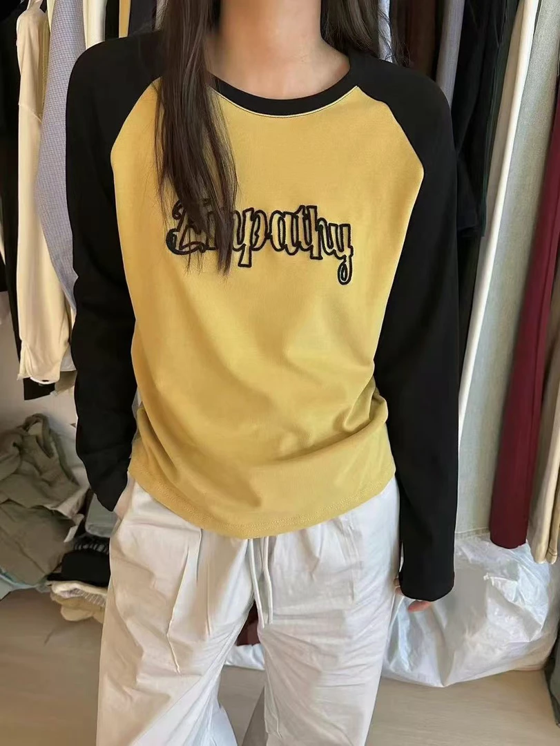 195秋季韩版拼接撞色休闲百搭印花圆领上衣