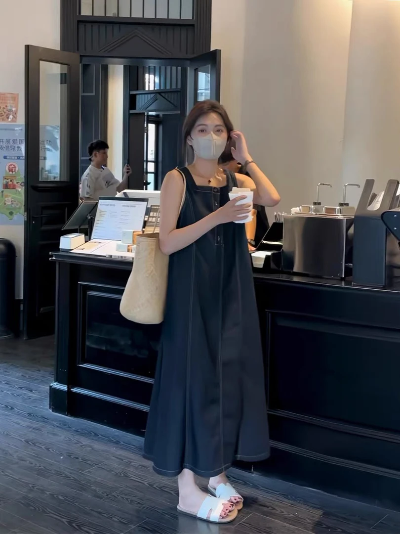 153法式方领设计感气质显瘦无袖牛仔连衣裙