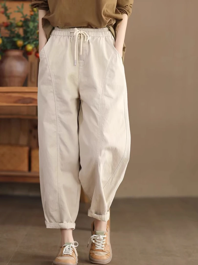 6050复古弧形拼接显瘦休闲裤女系带松紧腰宽松哈伦裤