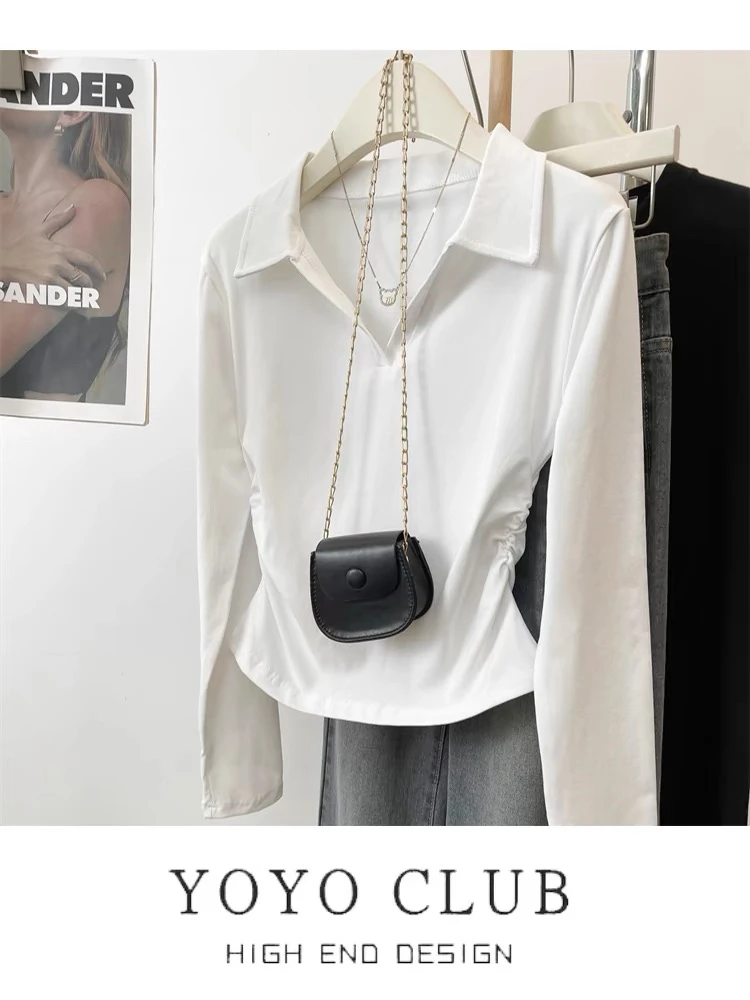 8141秋季新款韩版简约百搭修身褶皱收腰长袖白色T恤女打底衫上衣