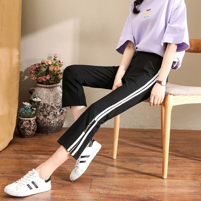 夏季2025新款女裤百搭开叉小个八分裤微喇裤子女潮休息运动裤