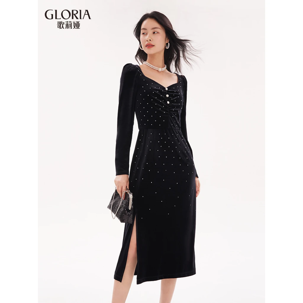 【商场同款】现货Gloria/歌莉娅春季新品烫钻轻奢丝绒连衣裙黑色