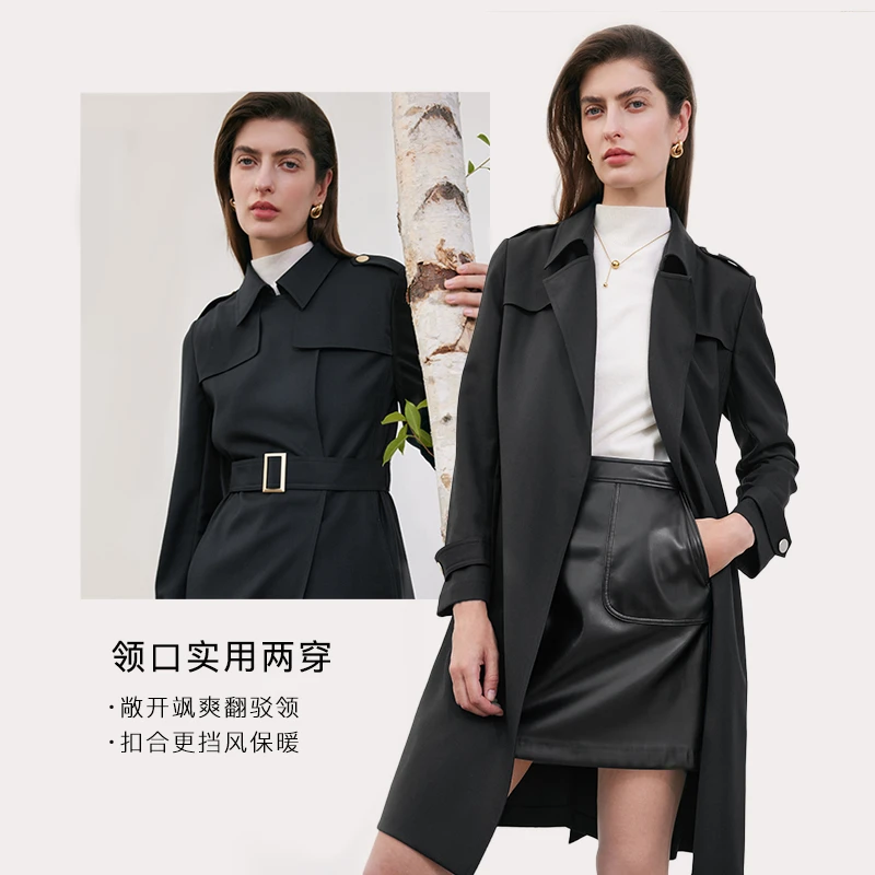 【福利款】歌莉娅春秋精纺绵羊毛风衣显瘦品质女装外套黑1B1L6L490