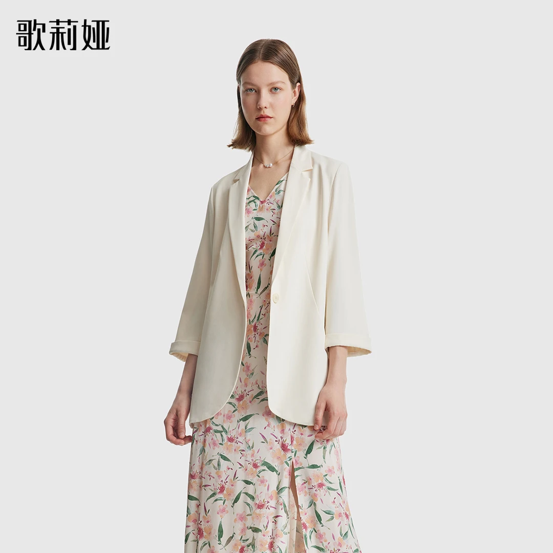 歌莉娅 秋冬新品  极简收腰西装  1B3C6M670通勤白色气质休闲碎花