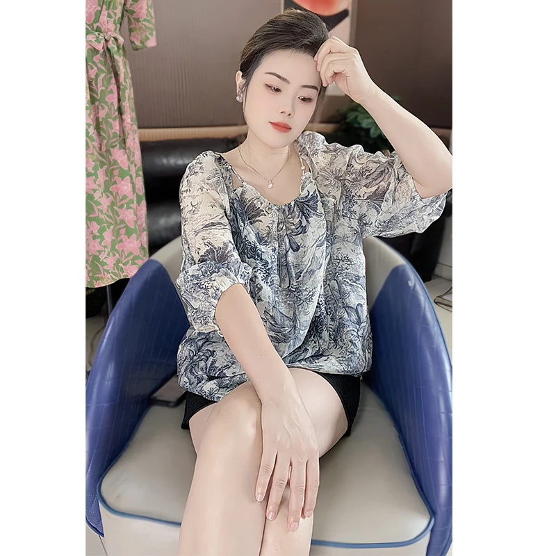 国风印花衬衫女2024年新款时尚宽松洋气小衫夏季七分袖薄上衣