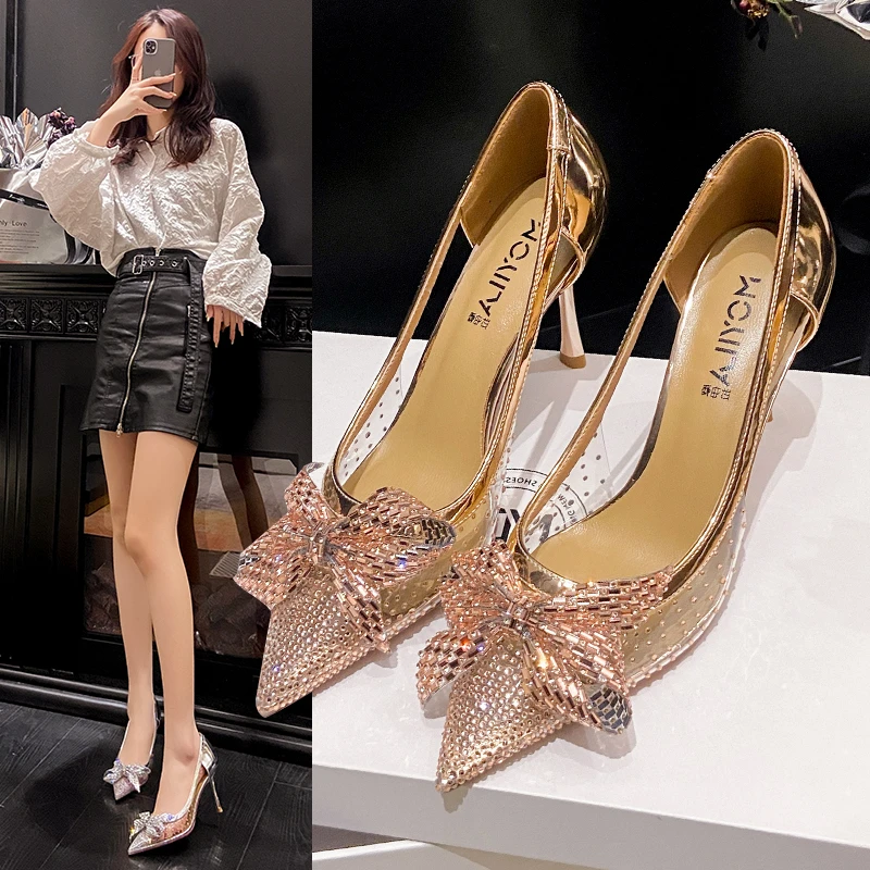 摩伊拉头层羊皮御姐风细跟高跟鞋太绝了百搭尖头透明蝴蝶结凉鞋