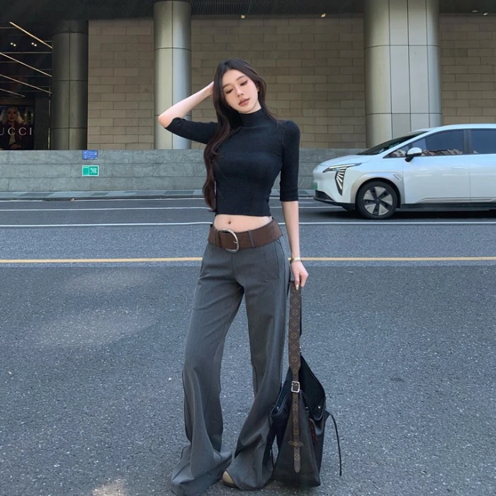 长袖圆领休闲长袖T恤上衣女春季显瘦宽松拖地裤垂感西装裤两件套