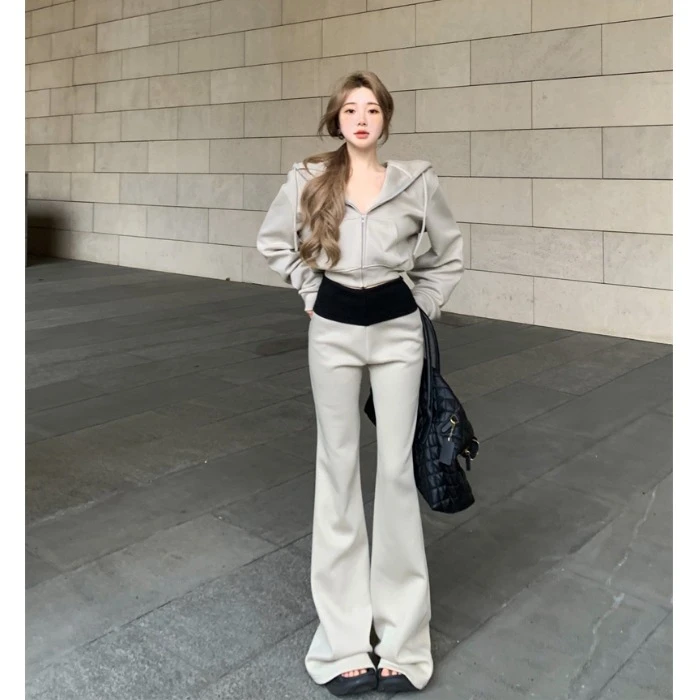 秋冬慵懒连帽拉链长袖卫衣外套女加绒加厚撞色微喇叭裤加绒两件套