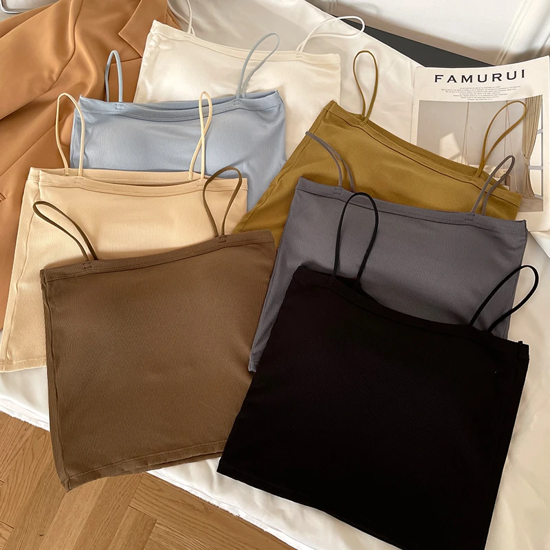 一体式固定杯细肩带吊带背心纯色一字肩防走光打底修身百搭外穿