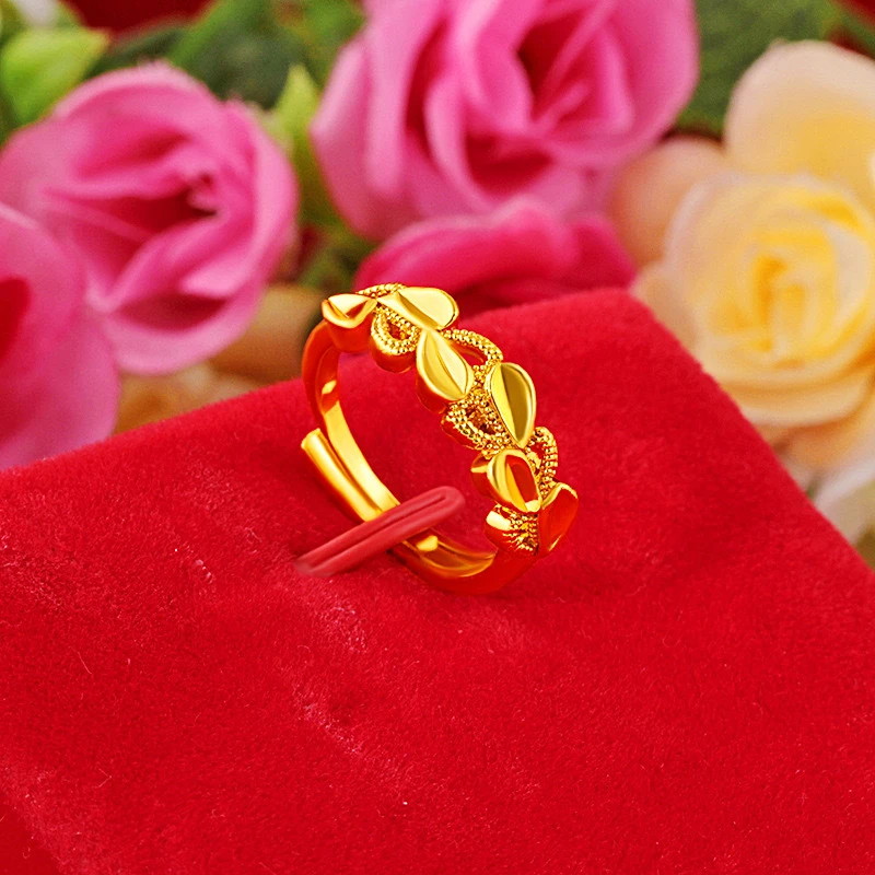 【粉丝专享】时尚K金色心心相印戒指金枝玉叶镂空爱心开口戒指