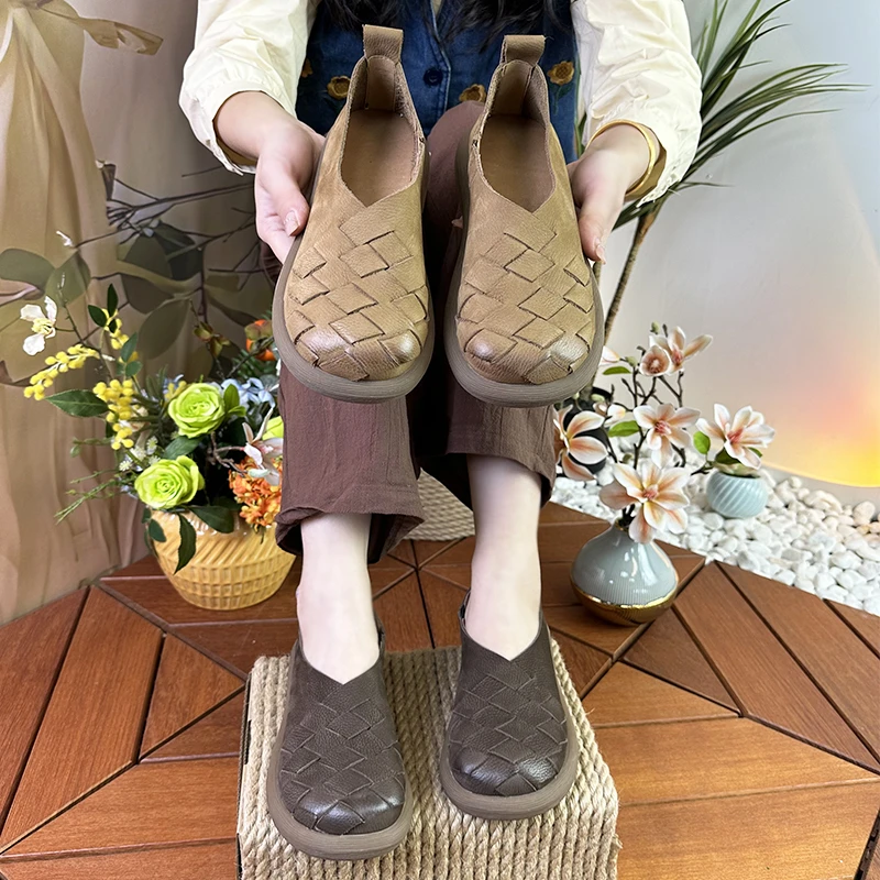 2024春季新款手工编织真皮休闲百搭舒适复古圆头女士软底单鞋