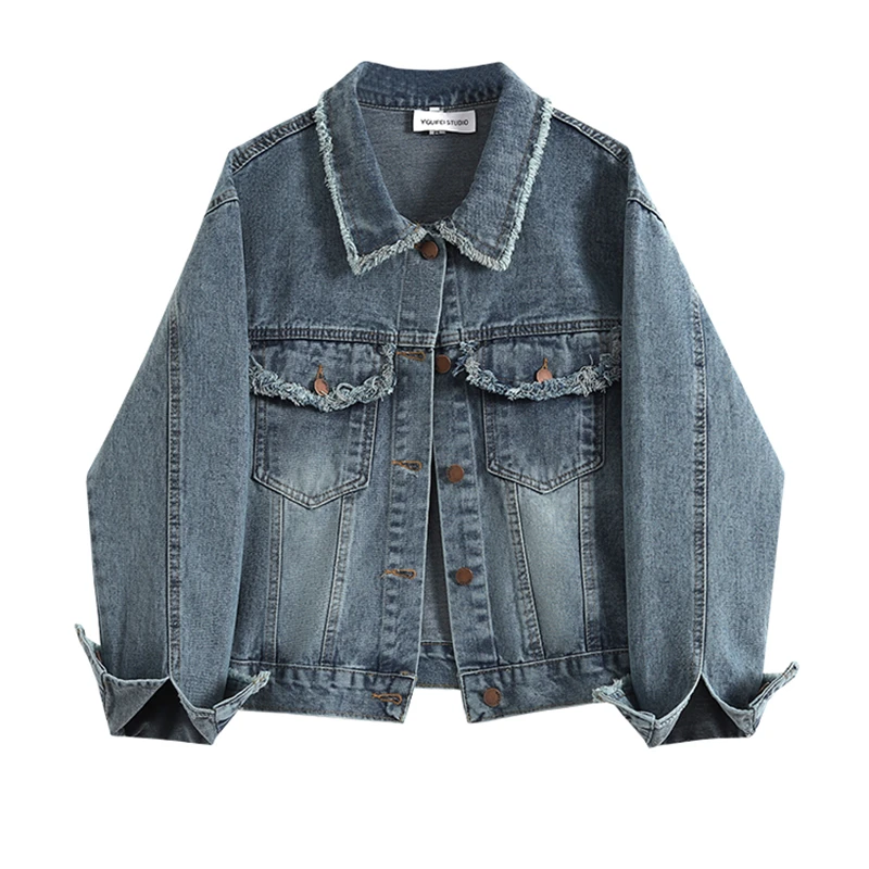 YOYO CLUB港风复古宽松牛仔外套春季2025新款高级感毛边开衫上衣