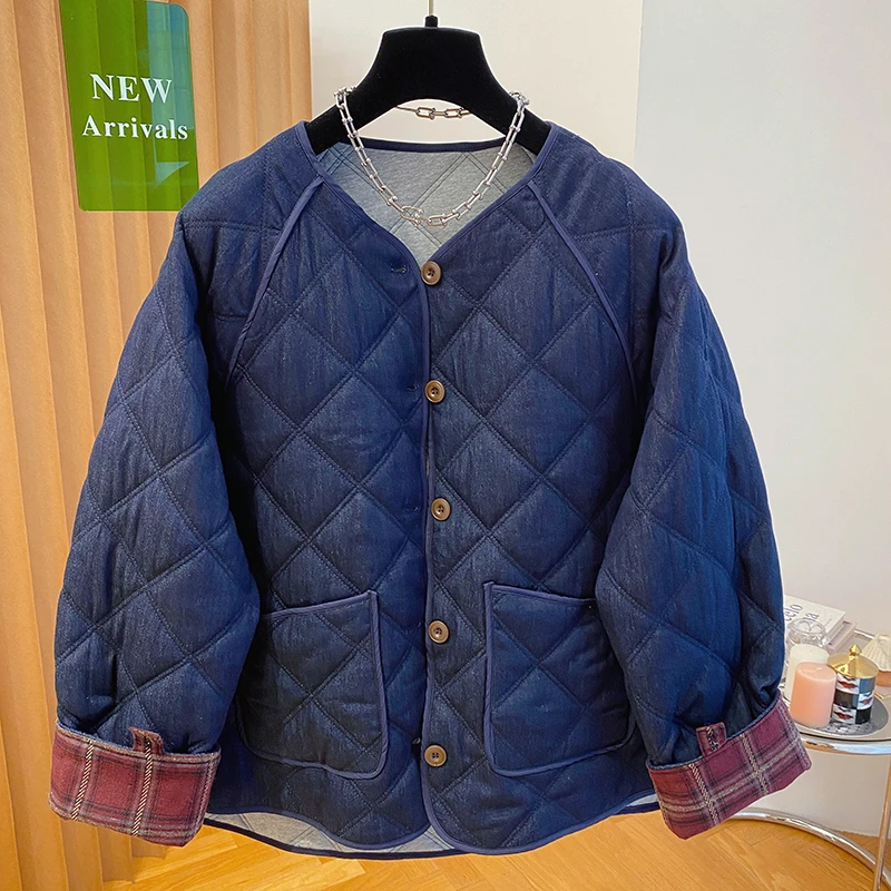 韩国高级感牛仔棉服女秋冬2024新款宽松休闲百搭轻薄棉衣夹棉外套
