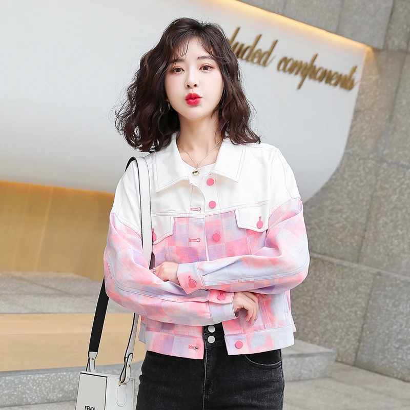 牛仔外套女春秋2025新款白色百搭印花上衣小清新宽松夹克拼色女装